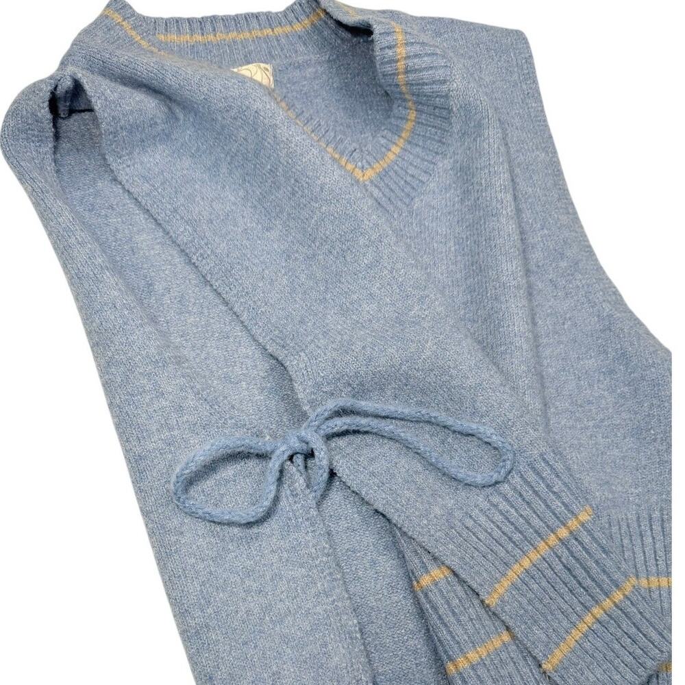 Free People All Star Striped Poncho Vest OS Blue Tassel Tie Boho Knit - Picture 10 of 13